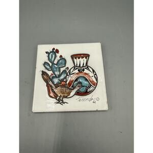 Signed Studio Art Tile Southwestern Cactus Bird Pottery Trivet 1992